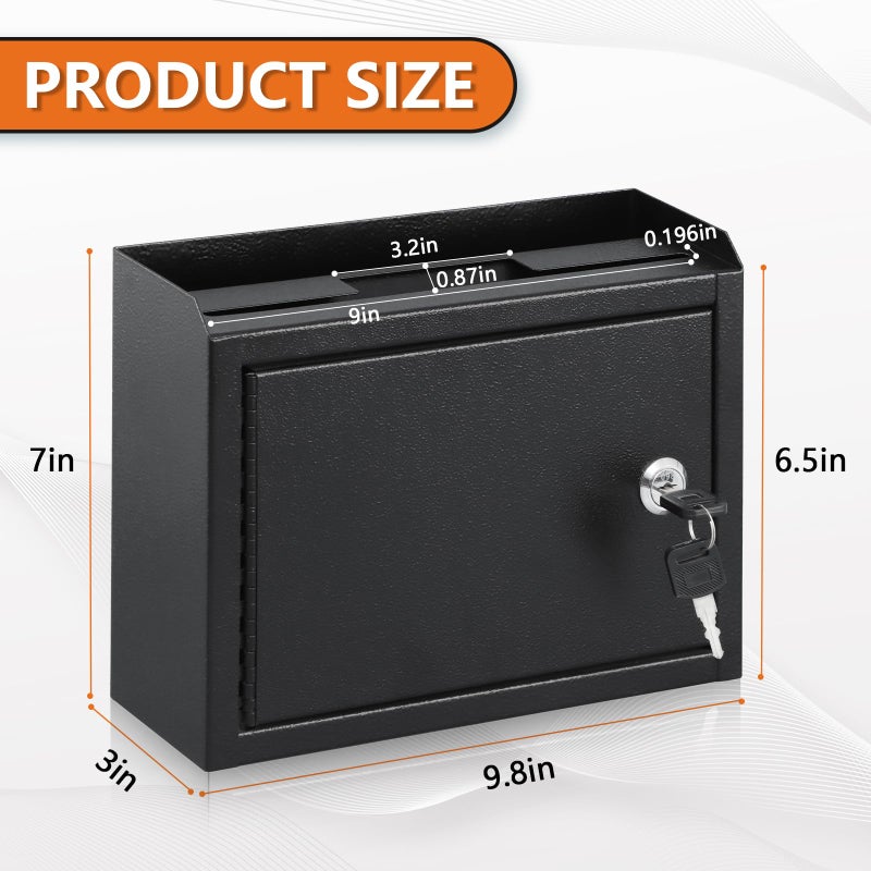 KYODOLED Suggestion Box with Lock and Slot, Small Locking Mailbox for Office, Wall Mount Safe Money/Key Drop Box with 50 Free Suggestion Cards, 9.8" W x 3" D x 7" H, Black - Image 3